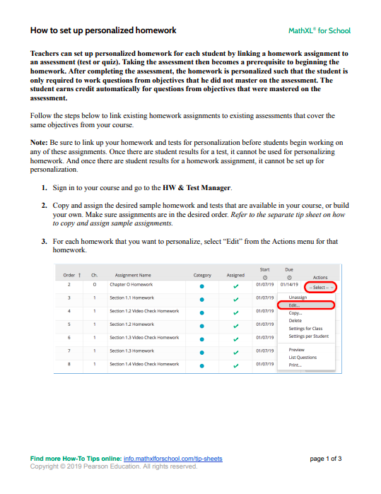 Set up personalized homework